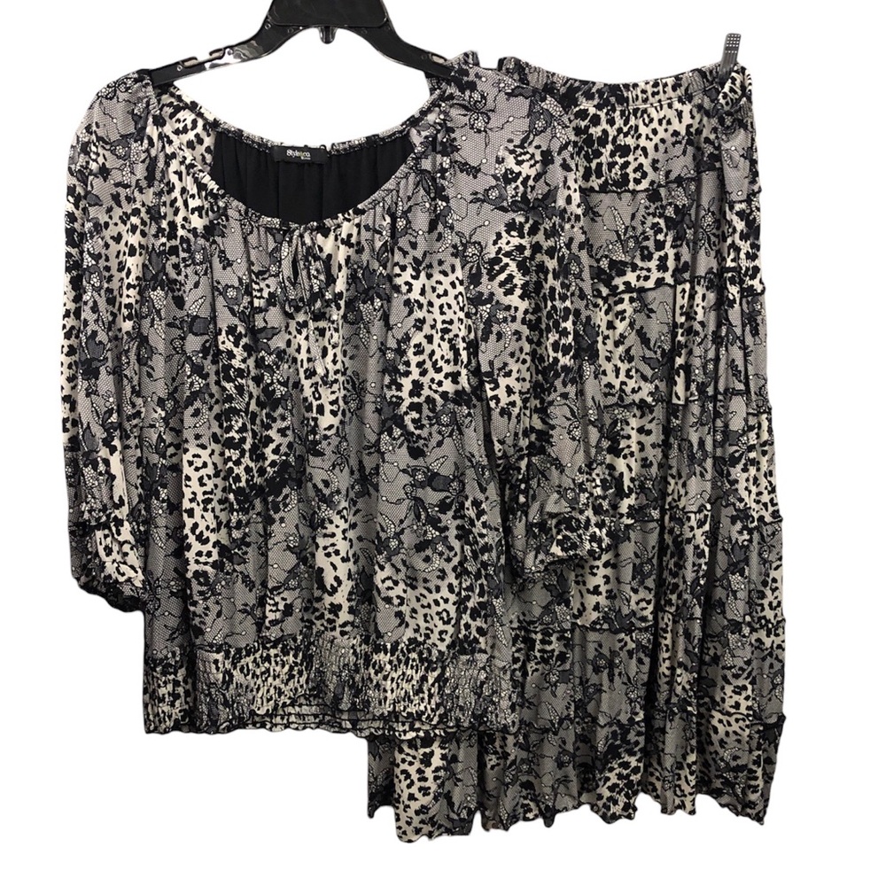 Style & Co. Black and Cream Printed Two-Piece Skirt Set - Blouse & Skirt